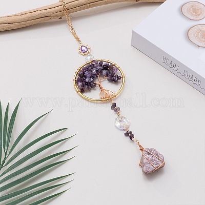 Плоский круглый натуральный аметист с подвесками в виде древа жизни TREE-PW0002-23-1