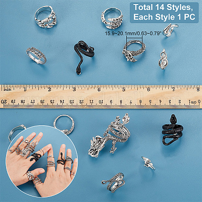 14 шт. набор из 14 колец-манжет в виде змеи и дракона из сплава RJEW-PH0001-13-1