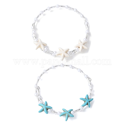 2шт. 2-х цветные браслеты из синтетических бирюзовых бусин BJEW-JB11588-1