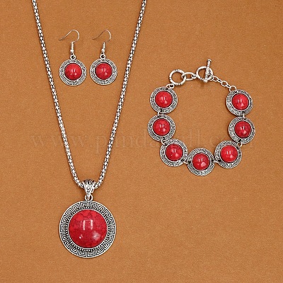 Плоские круглые ожерелья из сплава с синтетической бирюзой WGD1135-02-1