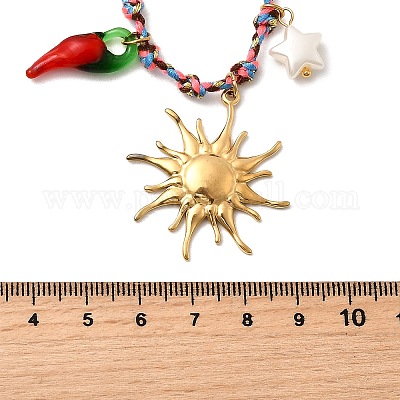 Женские ожерелья из хлопкового шнура с подвеской в виде вишни и перца из нержавеющей стали 304 и пластика NJEW-Z092-01G-02-1