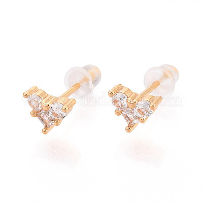 Серьги-гвоздики из латуни с микро-паве и прозрачным фианитом в форме сердца EJEW-T047-38G-1