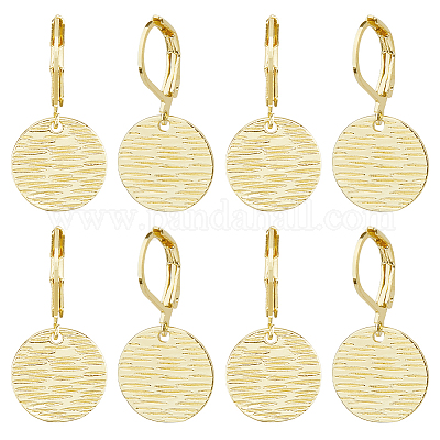 4 пара латунных текстурированных плоских круглых серег с застежкой-русалкой EJEW-HS0001-22G-1