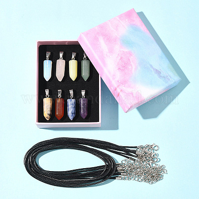 Набор для самостоятельного изготовления ожерелья с подвеской в виде пули из натурального и синтетического драгоценного камня и вощеного шнура DIY-FS0008-45-1