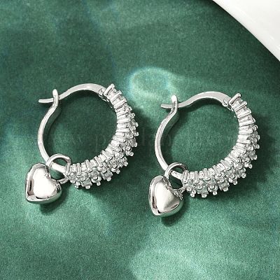 Серьги-кольца из латуни с микропаве и прозрачным кубическим цирконием в форме сердца EJEW-S275-04P-1