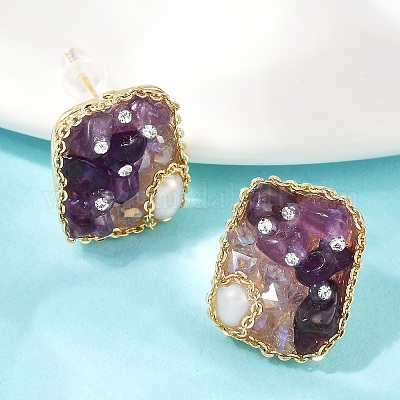 Прямоугольные латунные серьги-гвоздики с натуральным пресноводным жемчугом EJEW-U072-03G-1