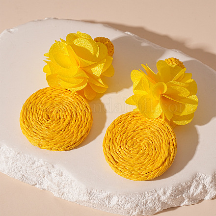 Серьги-гвоздики с цветком и плоским круглым сплавом из рафии FS-WG2EF97-02-1