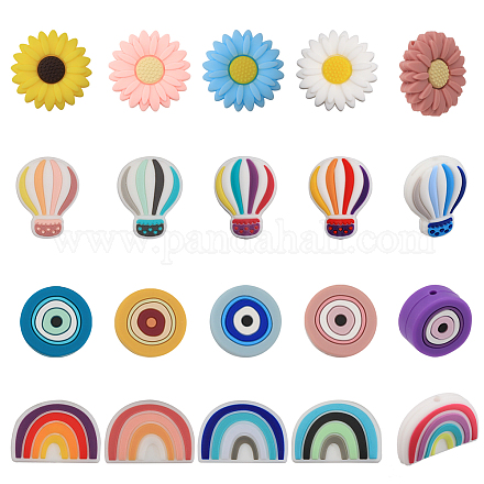 CHGCRAFT 20PCS 20 Styles Silicone Rainbow Beads Daisy Flower Silicone Beads Hot Air Balloon Spacer Beads Evil Eye Silicone Beads Flat Round Beads DIY Necklaces Bracelets Making Mixed Color SIL-CA0002-81-1