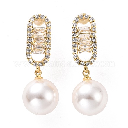 Clear Cubic Zirconia Oval with Plastic Pearl Dangle Stud Earrings EJEW-A072-11LG-A-1