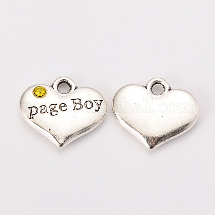 Wedding Theme Antique Silver Tone Tibetan Style Heart with Page Boy Rhinestone Charms TIBEP-N005-14E-1