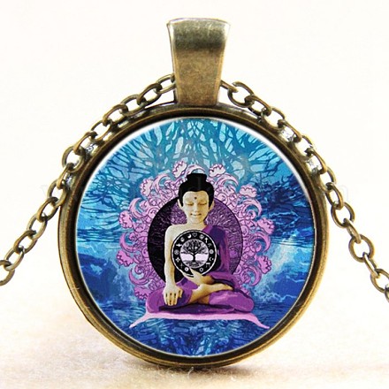 Flach rund mit meditativen Buddha Glas Legierung Anhänger Halsketten NJEW-N0051-061A-01-1
