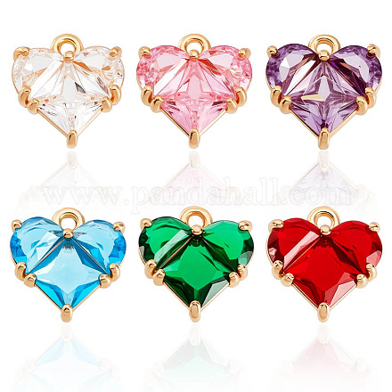 6 шт. 6-х цветные латунные подвески в форме сердца с кубическим цирконием KK-GA0002-32-1
