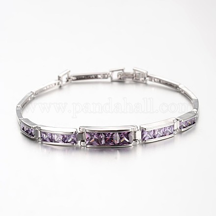 Noble Gift Ideas for Lady Platinum Tone Brass Pave Cubic Zirconia CZ  Rectangle Link Bracelets BJEW-L454-06-1