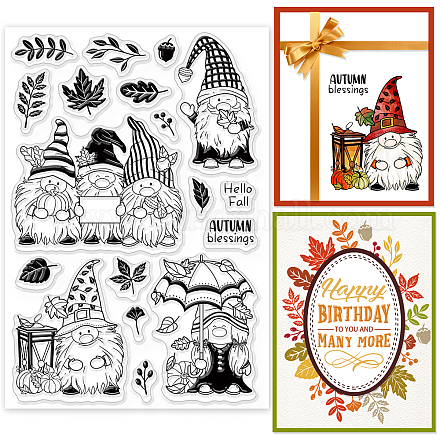 GLOBLELAND Autumn Gnome Clear Stamps for DIY Scrapbooking Fall Leaves Dwarf Silicone Clear Stamp Seals for Cards Making Photo Album Journal Home Decoration DIY-WH0167-57-0537-1