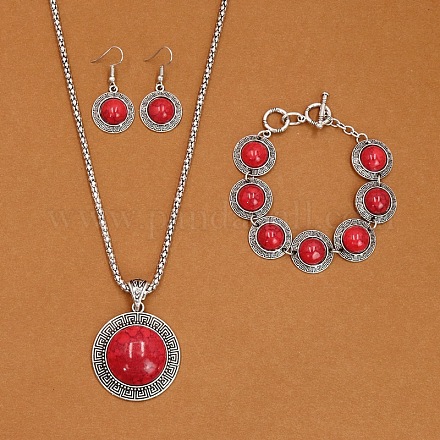 Плоские круглые ожерелья из сплава с синтетической бирюзой WGD1135-02-1