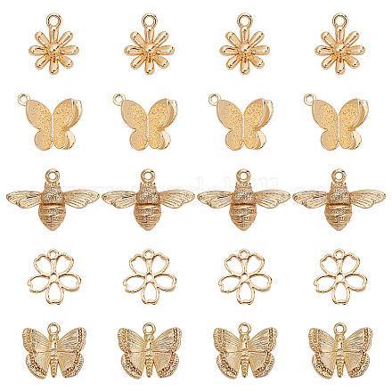 Benecreat 20pcs5スタイル真鍮チャーム  カン付き  花と蝶とミツバチ  18KGP本金メッキ  10.5x10x1mm  穴：1mm KK-BC0001-82G-1