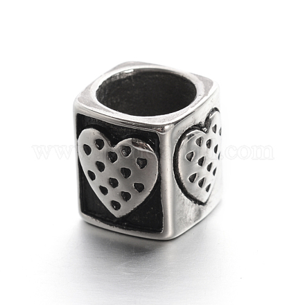 Retro Smooth 304 Stainless Steel Large Hole Cube Beads with Heart STAS-I031-25-1