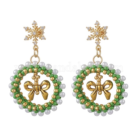 Серьги-гвоздики с подвесками из латуни и стекла в форме рождественского венка EJEW-MZ00613-1
