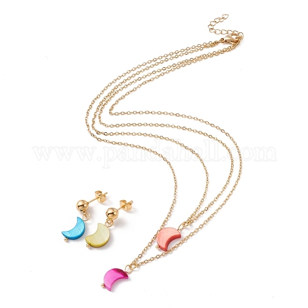 Synthetic Shell Moon Pendant Double Layer Necklaces and Dangle Stud Earrings SJEW-F217-02G-1