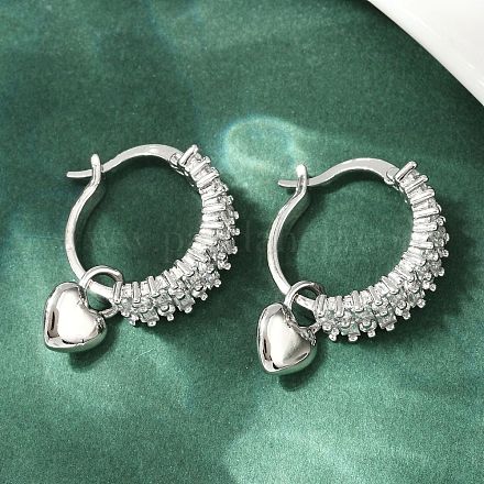Серьги-кольца из латуни с микропаве и прозрачным кубическим цирконием в форме сердца EJEW-S275-04P-1