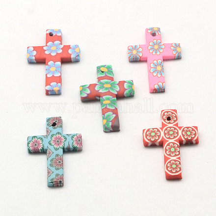 Handmade Polymer Clay Cross with Flower Pendants X-CLAY-Q216-M02-1