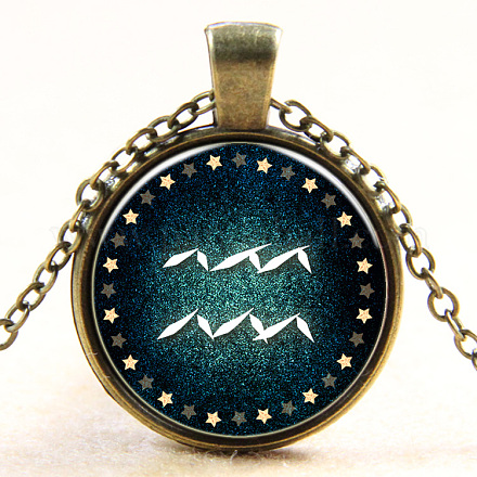 Aquarius Constellation/Zodiac Sign Flat Round Glass Pendant Necklaces NJEW-N0051-022K-01-1
