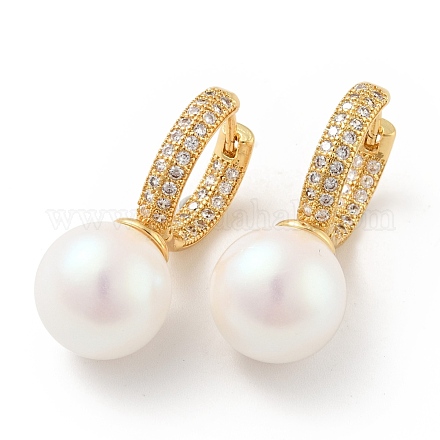 Round Acrylic Pearl Beaded Hoop Earrings with Clear Cubic Zirconia EJEW-G297-28G-1