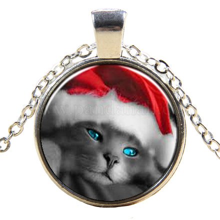 Christmas Theme Kitten Glass Pendant Necklaces NJEW-J056-B968-S-1