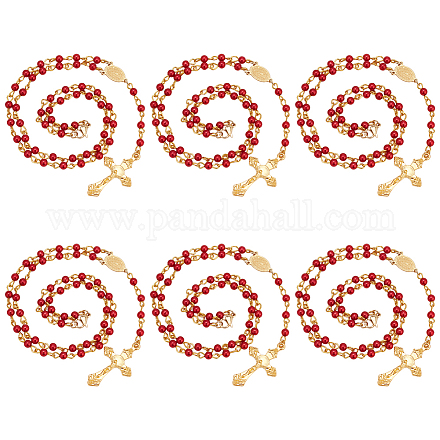 アクリル数珠ネックレス  女性用合金クロスペンダントネックレス付きステンレススチールオーバル304個。  暗赤色  19.29インチ（49cm） NJEW-PH01476-1