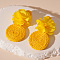 Flower with Flat Round Alloy Raffia Dangle Stud Earrings, with Cloth, Gold, 75x35mm
