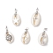 Natural Cowrie Shell & Alloy Pendants, with Copper Jewelry Wire Wrapped Loops, Mixed Shapes, White, Antique Silver & Platinum, 27.5~30.5x14~16x9~10mm, Hole: 3mm