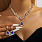 Teardrop Brass Rhinestone Pendant Necklace & Stud Dangle Earrings Sets for Women, Golden, Capri Blue, 360mm