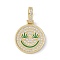 Brass Micro Pave Cubic Zirconia Pendants, Enamel Style, Cadmium Free & Lead Free, Flat Round with Smiling Face, Golden, Medium Sea Green, 21x18x2mm, Hole: 7x4mm