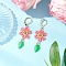 304 Stainless Steel Flower with Leaf Leverback Earrings, with Glass Seed Beads & Nylon Wire & Acrylic Charms, Golden, Pink, 56x18mm