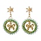 Christmas Wreath Brass Glass Dangle Stud Earrings, with Alloy Bowknot Charms and Cubic Zirconia, Golden, 47~48x29mm