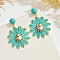 Flower Alloy Raffia Dangle Stud Earrings, with Plastic Pearl & Crystal Rhinestone, Golden, Dark Turquoise, 60x45mm