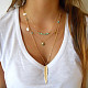 Metal Brass Feather and Turquoise Beads Three Tiered Necklaces NJEW-N0052-012A-1
