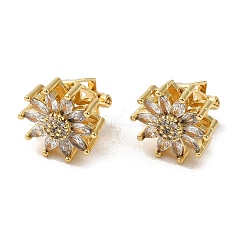 Pendientes de clip con forma de girasol de latón chapado en oro real de 18k con revestimiento en estante, con circonita, Plateado de larga duración, sin plomo y el cadmio, Claro, 12.5x15.5mm