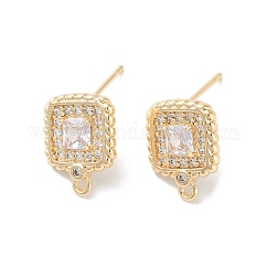 Fornituras de latón micro pave zirconia pendiente del perno prisionero, Sin cadmio y níque y plomo, cuadrado, real 18k chapado en oro, 14x11mm, agujero: 1.2 mm, pin: 0.8 mm
