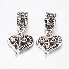 Tibetische Legierung europäische baumelnde Charms, Große lochanhänger, hohle Herz, Antik Silber Farbe, 25 mm, Anhänger: 14x13.5x3 mm, Bohrung: 4.5 mm