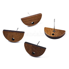 Fornituras de aretes de madera de nogal, Con orificio y pasador de acero inoxidable 304, semicírculo, Perú, 8x16mm, agujero: 1.6 mm, pin: 0.7 mm