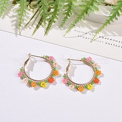 真鍮製フープピアス  カラフルな手作り和種ビーズ付き  花  ゴールドカラー  35.5x35.5x5.5mm  ピン：0.6mm&nbsp;EJEW-MZ00020