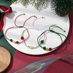 3 pièces 3 styles noël 8mm rond teint naturel malaisie jade et cornaline naturelle et perles de rocaille de verre bracelets de perles tressées&nbsp;BJEW-MZ00070
