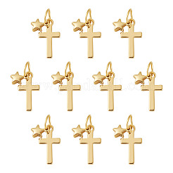 真鍮製ペンダント10個  クロス＆スター  304ステンレススチール製丸カン付き  18KGP本金メッキ  25mm&nbsp;HJEW-TAC0176