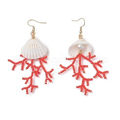 Серьги-подвески из стеклянных бусин и ракушек в форме ракушек&nbsp;EJEW-MZ00661-01