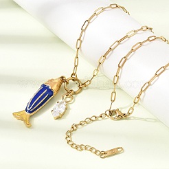 Collares con colgante de pez de acero inoxidable 304 esmaltado con cadena de clip y circonita cúbica transparente&nbsp;SA-CBAD22F-07G-A
