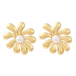 Серьги-гвоздики из искусственного жемчуга с цветком из латуни и АБС-пластика EJEW-U062-05G