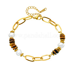 Bracelet en acier inoxydable 304 avec chaîne trombone et perles rondelles œil de tigre naturel pour femme&nbsp;WGDB3B0-01
