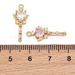 真鍮製マイクロパヴェキュービックジルコニアペンダント  ハートと翼のチャームが付いた魔法の杖  18KGP本金メッキ  ミックスカラー  21x8.5x3.5mm  穴：1.4mm&nbsp;CU-CBA7392-08G