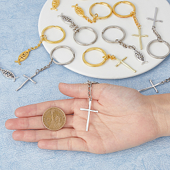 Брелок с подвеской из сплава в тибетском стиле с изображением рыбы и креста Иисуса&nbsp;KEYC-AB00016